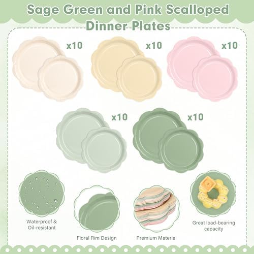 350 Pcs Sage and Pink Paper Plates and Napkins Party Supplies - Pink and Green Birthday Decoration Include Dusty Pink Sage Green Scalloped Plate Napkin Cup & Cutlery for Baby Shower, Wedding, Birthday