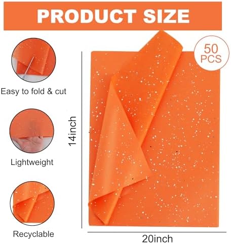 BEISHIDA 50 Sheets Orange Glitter Tissue Paper Bulk, Glitter Tissue Wrapping Paper for Gift Bags, 14 x 20 Inch Gift Wrap for Birthday Wedding Graduation DIY Crafts Holiday Flowers