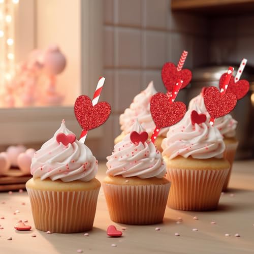 JarThenaAMCS 40Pcs Valentine's Day Paper Straws Red Glitter Heart Disposable Drinking Straws Romantic Decorative Straw for Wedding Birthday Party Supplies