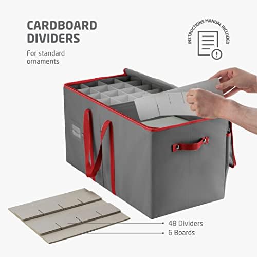 ZOBER Large Christmas Ornament Storage Box - Stores 128 3" Ornaments, With Dividers - Ornament Organizer Storage Box, Durable Christmas Containers Holder - Extra Pockets, Dual Zipper - Gray