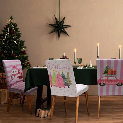 Christmas Chair Covers Set of 6, Xmas Tree Snowman Dining Chair Covers for Party Kitchen Removable Seat Cover for Chairs Christmas Decorations Indoor