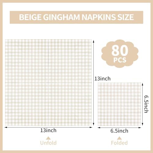 NatNarr 80 Pk Gingham Napkins Light Brown Napkins Tan Disposable, 6.5"