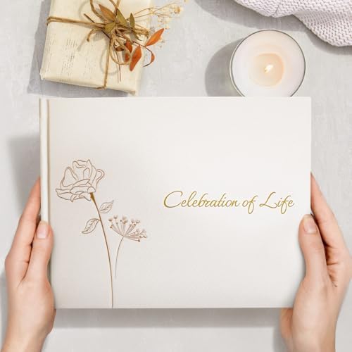 Rymori Funeral Guest Book for Memorial Service - with Pen, Cards, Table Sign & Back Pocket, Guests Sign in Book Celebration of Life | in Loving Memory Memorial Service Guest Book, White Natural Linen