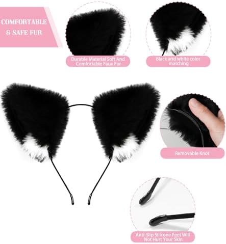 Cat Ears and Tail,Wolf Fox Ears Long Tail and Bell Lace Choker Set for Halloween,Animal Cosplay Party Costume