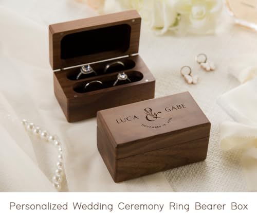 Custom Name & Date Ring Box - Personalized Botanical Walnut Wood Holder