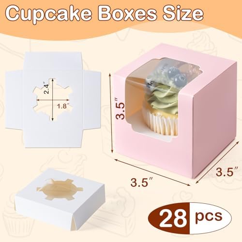 Hoewina 28 PCS Cupcake Boxes, Individual Cupcake Containers with Window