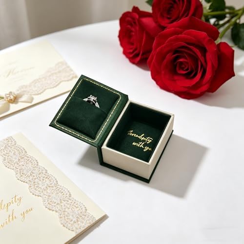 Book Shaped Ring Box - Vintage Engagement Ring Box with Hinged Lid for Proposal Engagement Wedding, Proposal Ring Case -PRB012-Dark Green
