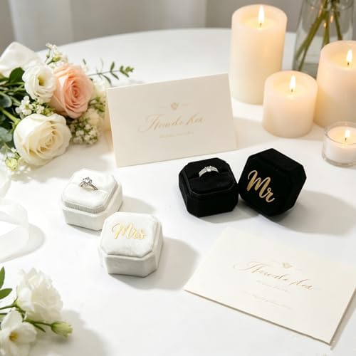 Mr & Mrs Wedding Ring Box - Engagement Ring Box Ring Display Holder Case with Lid for Proposal Engagement Wedding, 1.77x1.77x1.77 IN U2-PRB009-mr mrs Black White