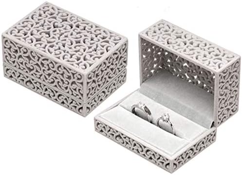 Hollow Velvet Ring Box Velvet Jewelry Box for Rings Couple Double Ring Bearer Box Engagement Gift (Gray)