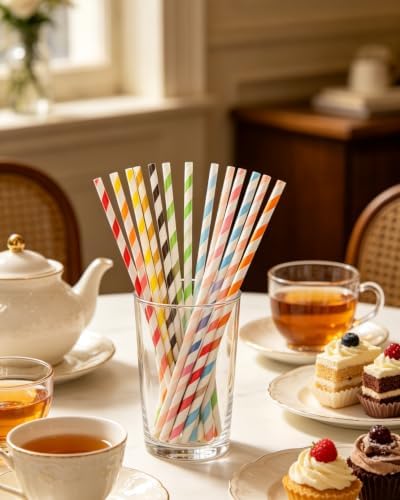 qiqee 200-pack Multi Stripe Rainbow Drinking Paper Straws Disposable Straws Bulk (20-Multi Color)