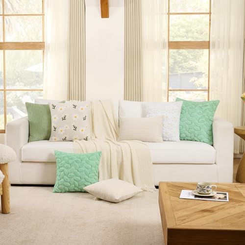Softalker Spring Summer Throw Pillow Covers 18 x 18 Inch Set of 2, Green Leaves Soft Plush Faux Fur Cushion Covers, 3D Embroidered Pillow Cases for Couch Bedroom Living Sofa Room Home Decor, Sage
