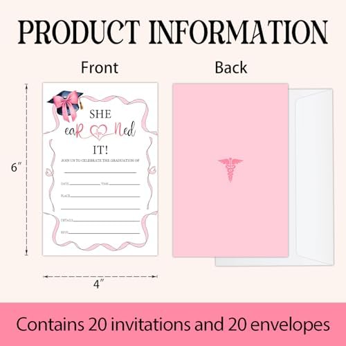 Graduation Invitations 2026 with Envelopes - 20 Pack Class of 2026 Pink bow Graduation Party Invitations, 4x6 Inch Fill-in Graduation Announcements for High School or College - A13