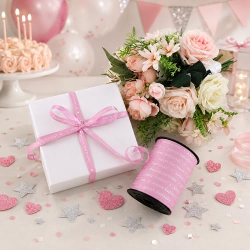 BEISHIDA 250 Yards Pink Happy Birthday Printed Crimped Curling Ribbon Balloon String Roll Gift Wrapping Ribbon for Baby Girl Women Birthday Party Decoration Supplies