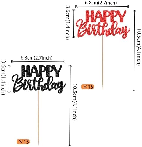 30 PCS Happy Birthday Cupcake Toppers Glitter Happy Birthday Cupcake Picks for Celebrating Anniversary Theme Christmas Party Cake Decorations Supplies Red Black