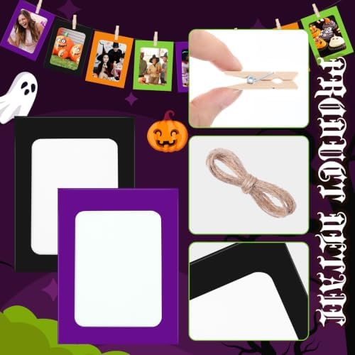 100 Pcs Halloween Paper Photo Frames 4x6 Orange Black Purple Green Paper Frame with 100 Clip 10 String Kit DIY Hanging Cardboard Photo Holder Halloween Wall Decor Wedding Home