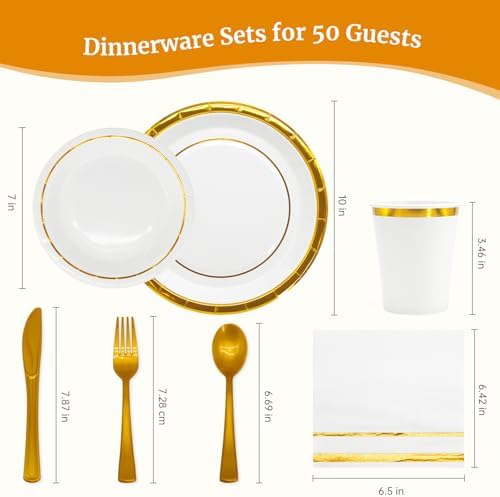 AIRE Gold White Paper Plates Set, 350PCS Disposable Tableware for 50