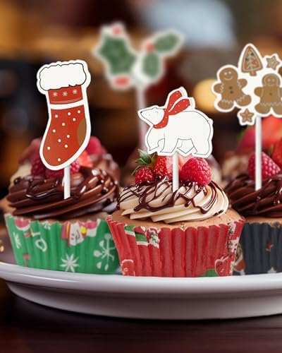 Bake Choice Standard 200 Pcs Christmas Cupcake Liners with 12 Pcs Cupcake Toppers, Christmas Muffin Liners, Baking Cups for Xmas Holiday Party Favors