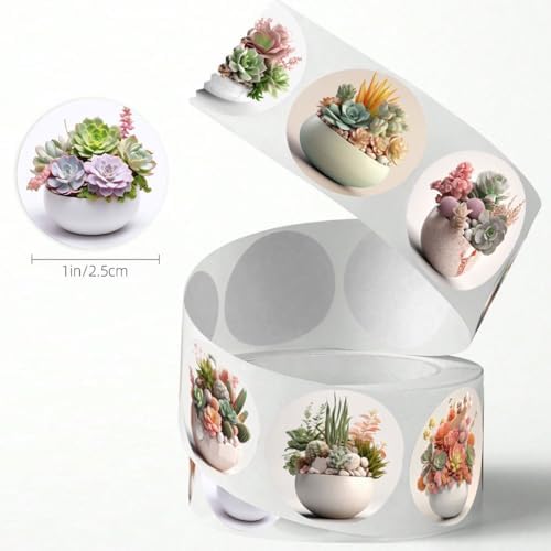 500PCS Succulent Stickers Roll Waterproof Vinyl Round Potted Plant Decals Cute Botanical Stickers for Gift Bags Envelopes Water Bottles Scrapbooking Kids Party Favors Teens Adults Crafts Journal