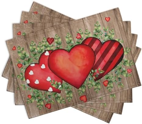 Valentines Day Wooden Plank Placemats Set of 4, 12x18 Inch Valentine Eucalyptus Leaves Heart Dining Table Placemats Wedding Washable Heat Resistance Place Mats for Party Kitchen Dining Decor