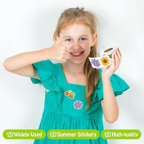 1000Pcs Spring Stickers for Kids, 2 Rolls Summer Flower Butterfly Insect Bugs Self Adhesive Label for Envelope Bottle Decor Seasonal Holiday DIY Crafts Classroom Rewards Party Favors Gifts, 16 Designs