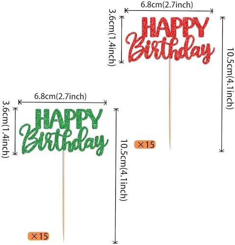 30 PCS Happy Birthday Cupcake Toppers Glitter Happy Birthday Cupcake Picks for Celebrating Anniversary Theme Christmas Party Cake Decorations Supplies Red Green