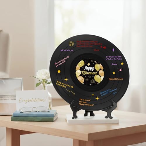 Happy Retirement Decoration Retirement Guest Book to Sign Vinyl Record with Signature Pen Happy Retired Gift Farewell Party Supply Going Away Gift for Men Women Office Birthday Decor(Black)