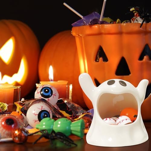 2 Pack Halloween Ceramic Candy Bowls, Ghost & Bat Candy Holder Containers
