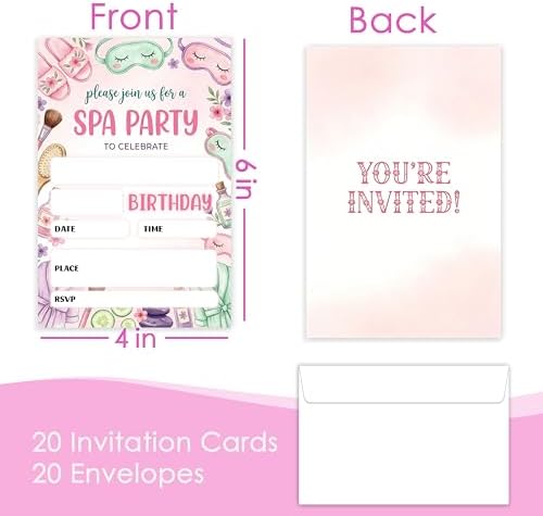 Spa Party Birthday Invitation Girl, Pamper Double-Sided Fill In Style Invites with Envelopes for Birthday, Glam Party Invitation For Girls, Teens, Bday Party Favor & Decoration