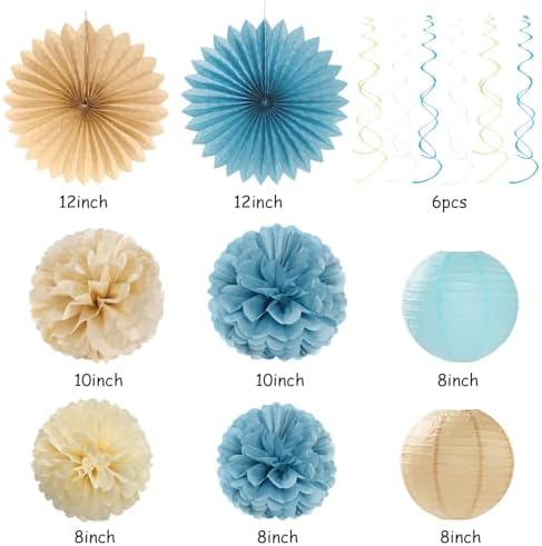 Light-Dusty Blue Beige-Champagne Bridal-Shower Party-Decorations - 31pcs Bride to Be Banner,Boho Neutral Bachelorette Paper Lanterns,Wedding Garland,Tissue Pom Poms Flower Fan Decor Supplies Burgleda