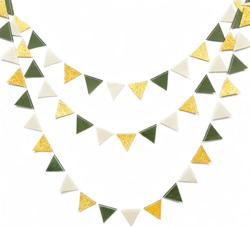 Sage Green Gold Party Decorations Oilve Green Beige Gold Glitter Felt Triangle Mini Banner Bunting Pennant Flag for Birthday Wedding Shower Jungle Woodland Safari Party Decor Supplies