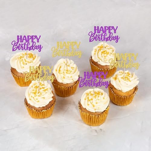 30 PCS Happy Birthday Cupcake Toppers Glitter Happy Birthday Cupcake Picks for Celebrating Anniversary Theme Christmas Party Cake Decorations Supplies Gold Purple