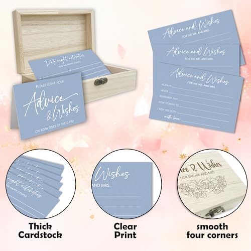 50Pcs Wedding Advice Cards with Wooden Box & 2 Black Pens - Minimalist Blue Bridal Shower Advice and Wishes for Mr & Mrs - Bridal Shower Game Decorations & Reception Party Supplies - A02