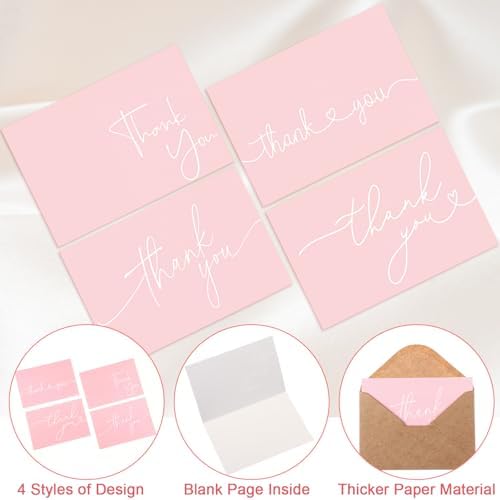 Teling 200 Set Thank You Cards with Envelopes Bulk, 6 x 4 Inch Blank Thank U Greeting Notes with Brown Kraft Envelopes Stickers Thankyou Card Set for Graduation Wedding Birthday Baby Shower(Pink)
