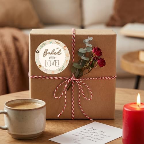 Baked with Love Stickers 120Pcs, 2 Inch Round Baking Labels for Homemade Goods, Bakery Packaging, Cookie Bags, Thank You Gifts, Small Business Packaging & Party Favors (Baked with Love)