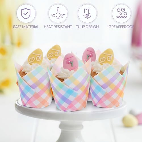 Maxdot 200 Pcs Easter Plaid Tulip Cupcake Liners for Baking Pastel Plaid Paper Muffin Baking Cups Spring Gingham Tulip Muffin Liners Wrappers for Easter Baby Shower Wedding Birthday Party Supply