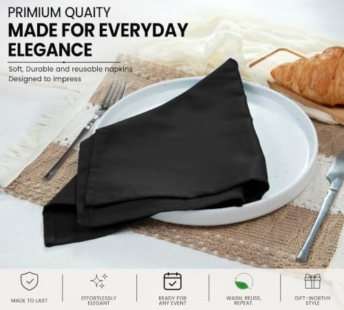 Ruvanti Cloth Napkins Set of 12, Cotton Enrich 18”x18” - Black