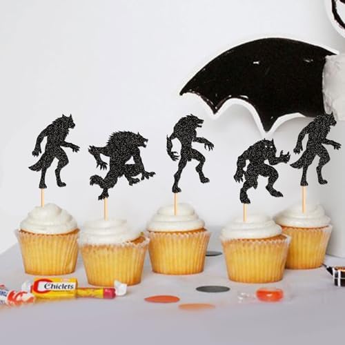 Ercadio 24PCS Werewolf Cupcake Toppers - Black Glitter Halloween Party Decorations for Wolf Birthday Cake Supplies