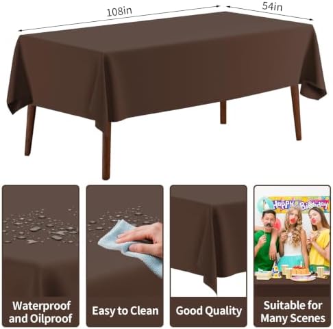 4 Pack Plastic Tablecloth 54" x 108"Disposable Brown Tablecloth Rectangle Plastic Table Cover for 6 to 8 Foot Tables Indoor or Outdoor Parties Birthdays Weddings Christmas