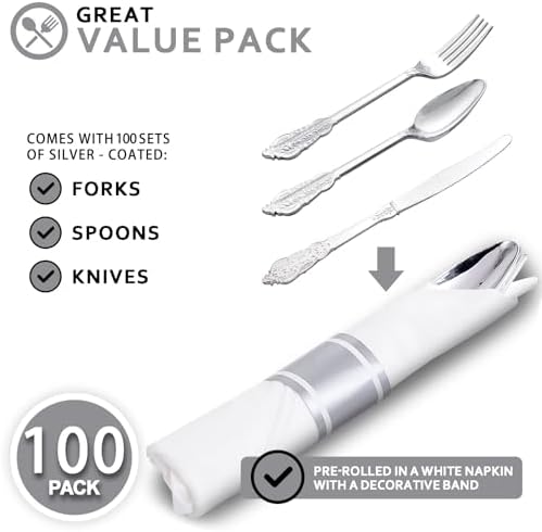 400PCS Pre Rolled Silver Plastic Silverware Sets Fancy for Wedding