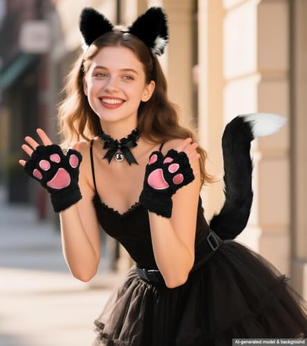 Cat Ears and Tail,Wolf Fox Ears Long Tail and Bell Lace Choker Set for Halloween,Animal Cosplay Party Costume