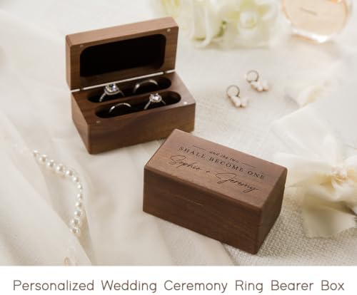 MUUJEE Custom Name Wedding Ring Box - Quad Slot Walnut Wood Ring Holder