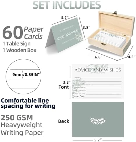 60 Pack Wedding Advice and Wishes Cards for Mr & Mrs - Sage Green Floral Guest Book Alternative with Commemorative Box - Elegant Bridal Shower Game and Keepsake