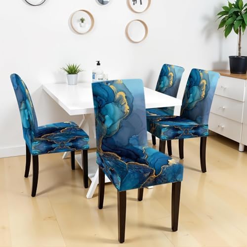 Blue Marble Chair Covers Set of 4, Stretchable Dining Chair Slipcovers with Elegant Blue & Gold Abstract Design, Washable Chair Protectors for Dining Room, Kitchen & Event Décor