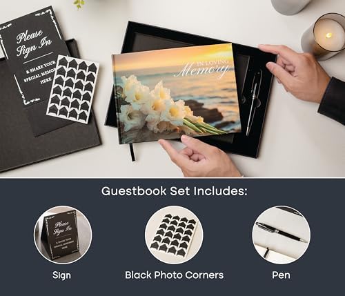Ocean Hardcover Funeral Guest Book - 9.5 x 7 Celebration of Life Guestbook for Memorial Service with 5x7 Paper Sign, Pen, Black Photo Corner Stickers