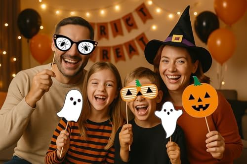 22PCS Halloween Photo Booth Props – Spooky Party Photo Props for All Ages, Ghost/Pumpkin/Bat/Witch Designs, Easy DIY Assembly, Sturdy Cardstock Party Decorations for Photo Booth & Selfies