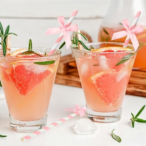 24 Packs Pink Bow Biodegradable Striped Paper Straws, Pink and White Disposable Drinking Straws for Birthday Carnival Summer Pool Party Wedding Baby Shower Halloween Party Decoration Supplies