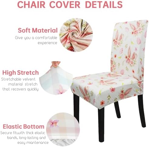 Easter Chair Covers Set of 4 Spring Bunny Ears Floral Dining Room Slipcovers Stretch Parsons Chair Seat Protectors Spring Easters Decor-4PCS