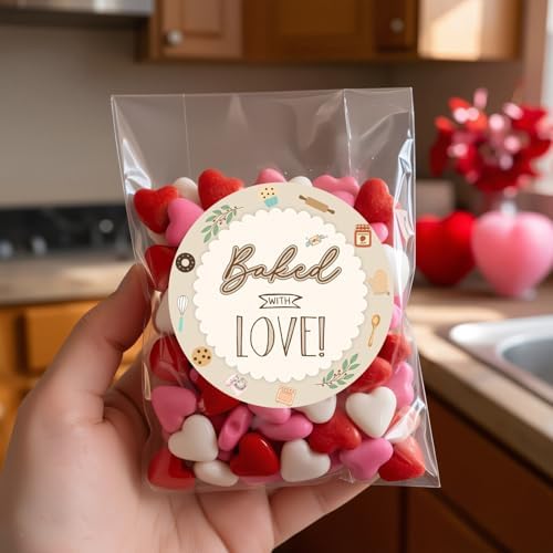 Baked with Love Stickers 120Pcs, 2 Inch Round Baking Labels for Homemade Goods, Bakery Packaging, Cookie Bags, Thank You Gifts, Small Business Packaging & Party Favors (Baked with Love)