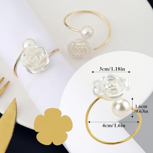 Gold Rose Pearl Valentine's Day Napkin Rings Set of 6, Metal Valentine's Day Napkin Holders Table Decorations Mother's Day Wedding Party Supplies