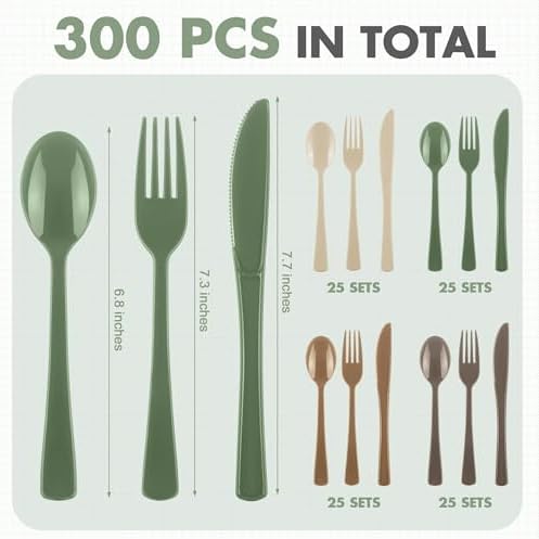 Kochorie 300 Pieces Woodland Plastic Silverware, Disposable Plastic Utensils, Heavy Duty Cutlery Set Heavyweight Flatware Includes Spoons Forks Knives for Birthday Wedding Forest Party Supplies